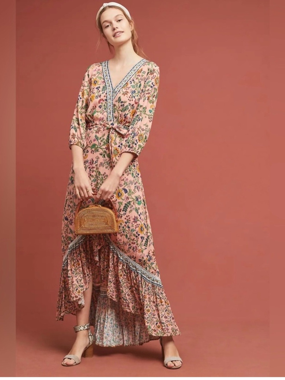 FARM Rio Pink Floral High-Low V-Neck Maxi Dress